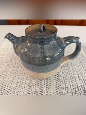 Hand Crafted Stoneware Teapot in Blue and Natural Speckled Clay Signed by Artist